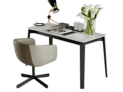 Modern Office Desk With Table Lamp White Lilies Vase And Comfortable Chair 3d model