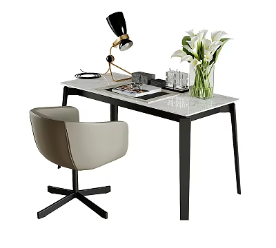 Modern Office Desk With Table Lamp White Lilies Vase And Comfortable Chair 3d model