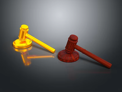 Two Shiny Golden And Red Hammers With Wooden Base As Practical Household Items 3d model