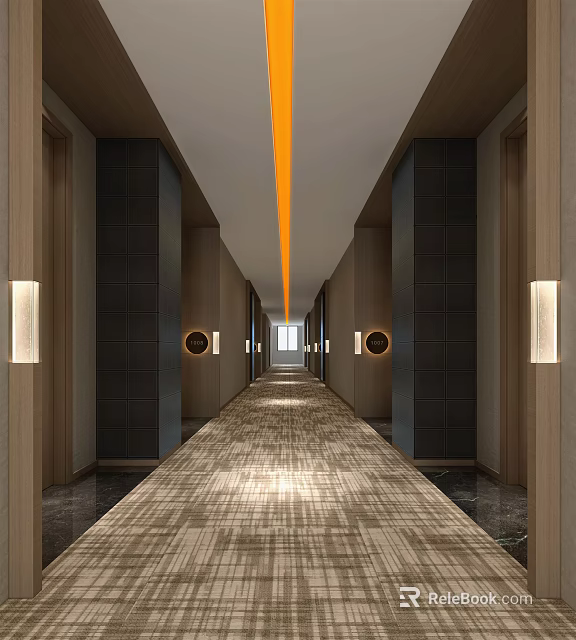 Long Hotel Corridor Featuring Orange Ceiling Light Strip Dark Decorative Panels And Carpeted Floor 3d model 
