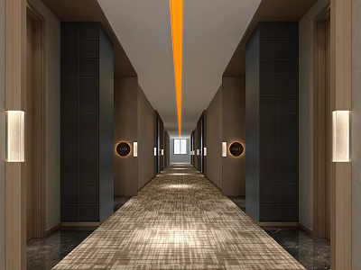 Long Hotel Corridor Featuring Orange Ceiling Light Strip Dark Decorative Panels And Carpeted Floor 3d model