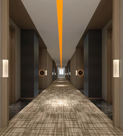 Long Hotel Corridor Featuring Orange Ceiling Light Strip Dark Decorative Panels And Carpeted Floor 3d model