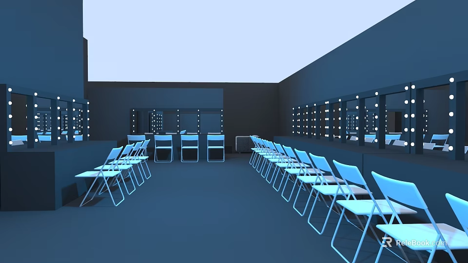 Modern Interior Studio with Vanity Mirrors Lights and Neatly Arranged Chairs Tables 3d model 