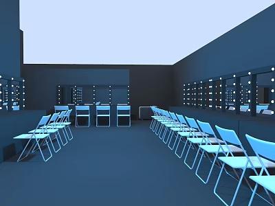 Modern Interior Studio with Vanity Mirrors Lights and Neatly Arranged Chairs Tables 3d model