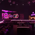 Modern Bar Interior With Purple Neon Lights Bar Counter High Stools Party Time Signage