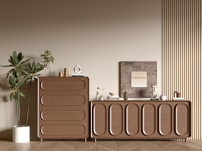 Modern Minimalist Entryway Cabinet And Side Cabinet With Green Plant Decorative Painting And Ornaments 3d model