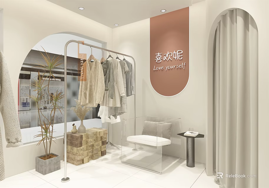 Modern Clothing Store Interior With Hanging Clothes Arched Design Green Plants And Seating Area 3d model 