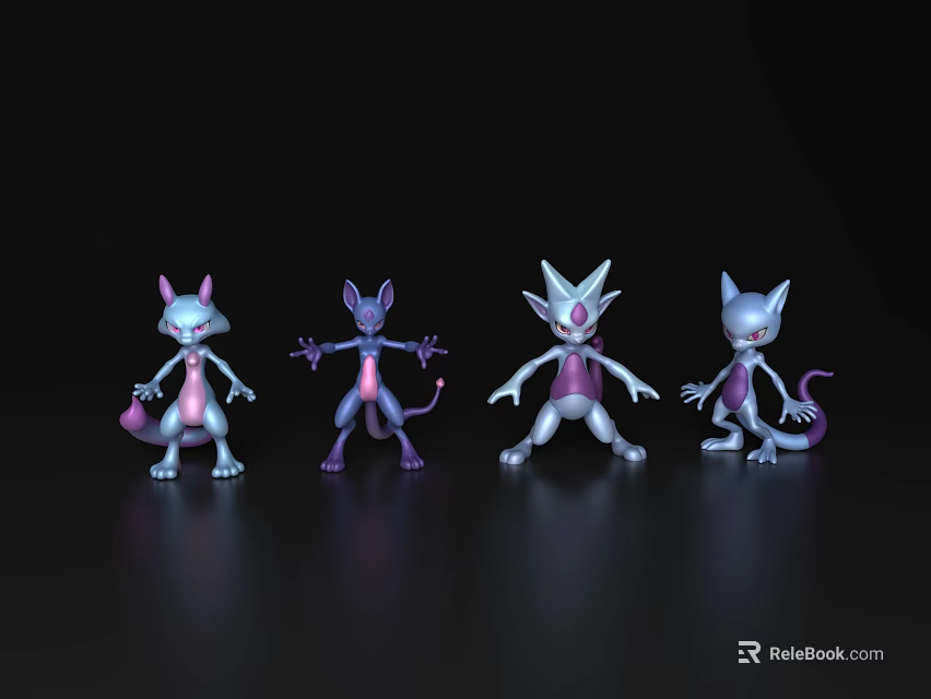 Game Anime Characters With Purple White Design Pointed Ears Tail Evolution Stages 3d model 