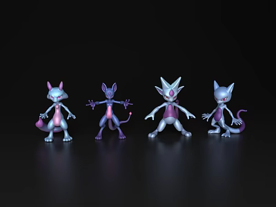 Game Anime Characters With Purple White Design Pointed Ears Tail Evolution Stages 3d model