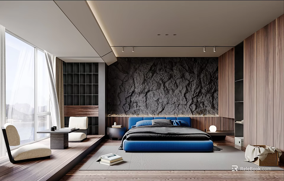 Modern Bedroom Interior With Blue Bed Stone Accent Wall Large Windows And Wooden Furniture 3d model 