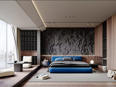 Modern Bedroom Interior With Blue Bed Stone Accent Wall Large Windows And Wooden Furniture 3d model