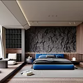 Modern Bedroom Interior With Blue Bed Stone Accent Wall Large Windows And Wooden Furniture
