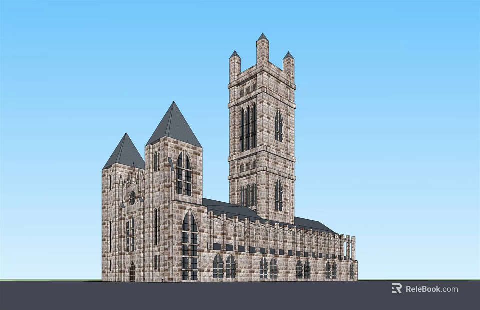 Ancient Stone Architecture With Pointed Roofs Tall Tower And Arched Windows 3d model 