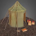 Green Camping Tent with Wooden Poles on Rocky Dirt Ground and Fruit Filled Crates