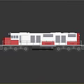 Red and White Industrial Train With Multiple Windows And Metal Wheels On Reflective Surface 3d model