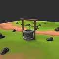 Traditional Stone Well with Wooden Frame in Green Grass and Stones