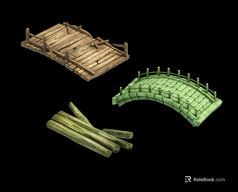 Wooden Bridge Varieties Flat Arched Designs And Stacked Wooden Sticks 3d model 