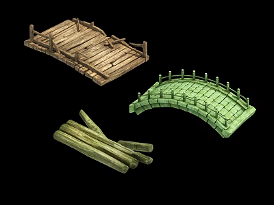 Wooden Bridge Varieties Flat Arched Designs And Stacked Wooden Sticks 3d model