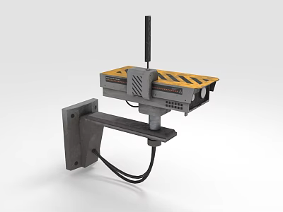 Wall Mounted Device With Black Antenna Yellow Black Warning Stripes And Metal Bracket 3d model