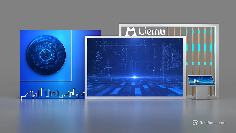 Modern Display Shelves With Digital Screens And Tech Interface Design 3d model 