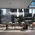 Modern Dining Table Set With Chairs Pendant Lights Green Plants By Large Windows City View