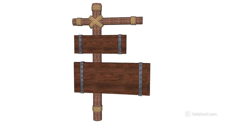 Commercial Equipment Wooden Signage With Wooden Pole Two Planks Metal Straps And Rope Bindings 3d model 