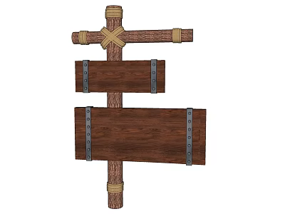Commercial Equipment Wooden Signage With Wooden Pole Two Planks Metal Straps And Rope Bindings 3d model