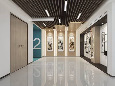 Exhibition Hall Interior With Wooden Door Blue Wall 2 Hanging Paintings Sleek Floor Ceiling Lights 3d model