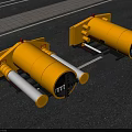 Two Yellow Cylindrical Devices With White Components On Road Surface 3d model