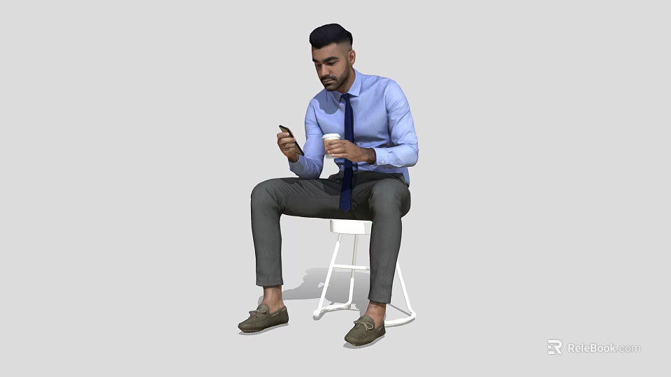 Man Sitting On White Stool Wearing Blue Shirt And Tie Holding Smartphone And Coffee Cup 3d model 
