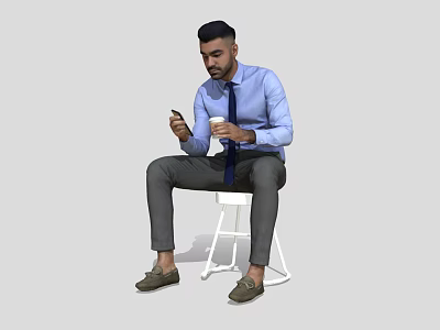 Man Sitting On White Stool Wearing Blue Shirt And Tie Holding Smartphone And Coffee Cup 3d model