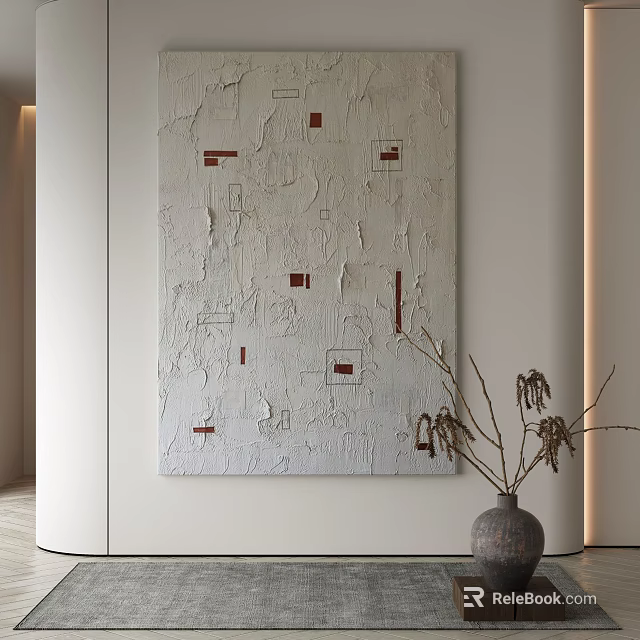 Abstract Textured Painting With Red Black Geometric Shapes And Dried Branches In Modern Interior 3d model 