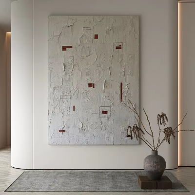 Abstract Textured Painting With Red Black Geometric Shapes And Dried Branches In Modern Interior 3d model