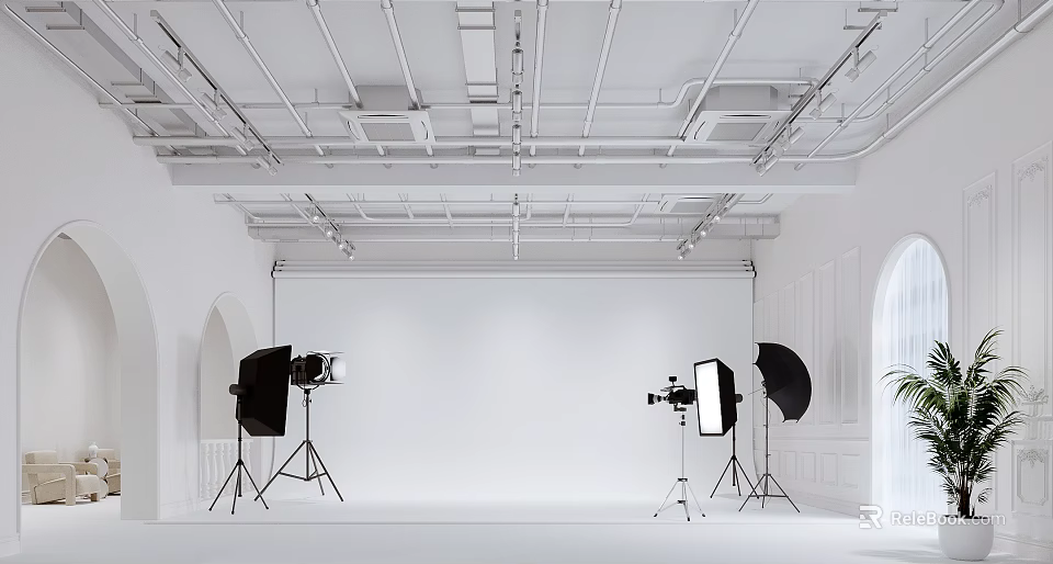 Wedding Dress Shop Minimalist White Photography Studio With Professional Lighting Equipment And Backdrop 3d model 