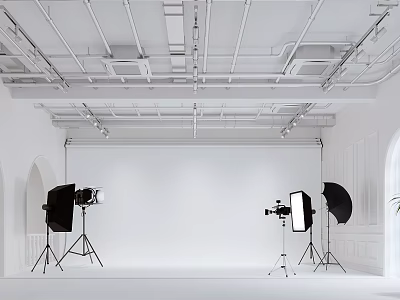 Wedding Dress Shop Minimalist White Photography Studio With Professional Lighting Equipment And Backdrop 3d model