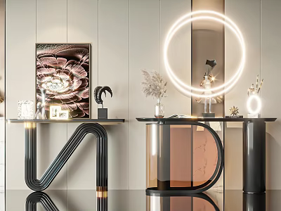 Modern Console Table Design With Circular Mirror Lighting And Decorative Artworks 3d model