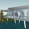 Modern Café Building With Lush Greenery Purple Flowers And Outdoor Seating Area