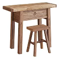 Rustic Wooden Table and Chair Set with Drawer and Stool Design 3d model
