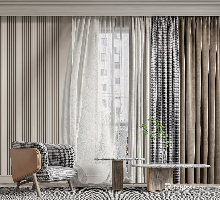 Elegant Modern Living Room with Single Sofa Side Table and Striped Checkered Curtains 3d model 
