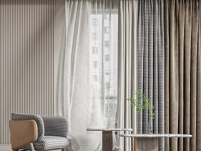 Elegant Modern Living Room with Single Sofa Side Table and Striped Checkered Curtains 3d model