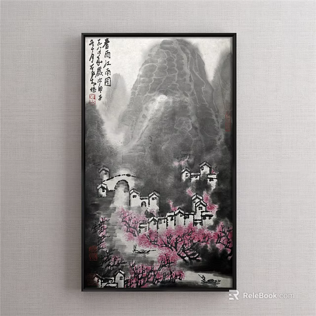 Chinese Landscape Painting With Misty Mountains Mountain Village Small Bridge And Peach Blossoms 3d model 