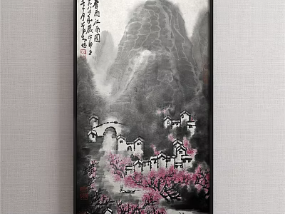 Chinese Landscape Painting With Misty Mountains Mountain Village Small Bridge And Peach Blossoms 3d model