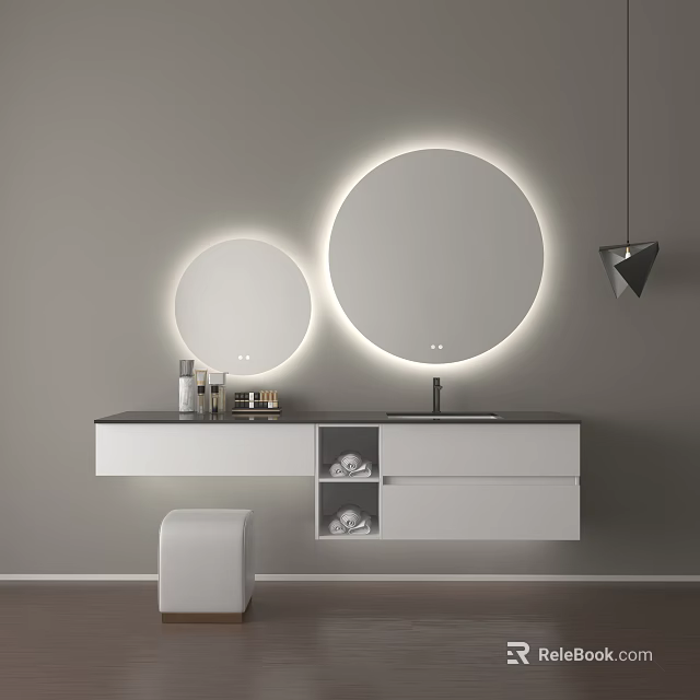 Modern Bathroom Vanity With Two Circular Backlit Mirrors White Design Toiletries And Stool 3d model 