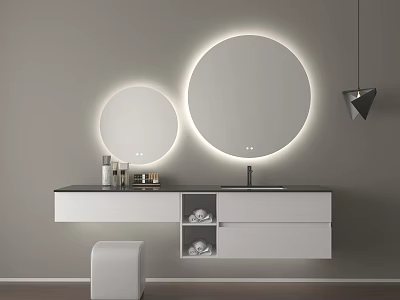 Modern Bathroom Vanity With Two Circular Backlit Mirrors White Design Toiletries And Stool 3d model