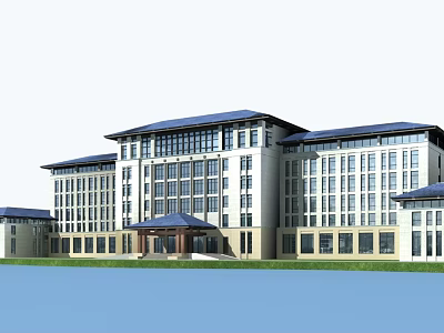 Modern Office Building Exterior With Blue Roof Large Glass Windows Green Lawn And Spacious Entrance 3d model