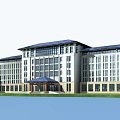 Modern Office Building Exterior With Blue Roof Large Glass Windows Green Lawn And Spacious Entrance