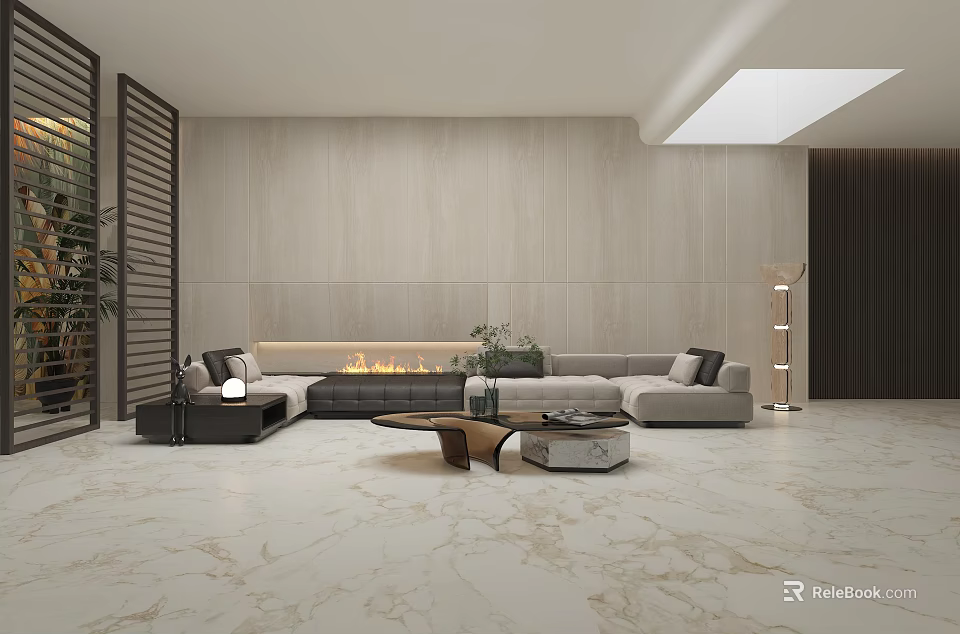 Modern Basement Interior With Sectional Sofa Fireplace And Marble Floor 3d model