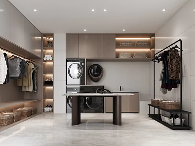Modern Laundry Room Design With Clothing Racks Washing Machine Dryer And Storage Baskets 3d model