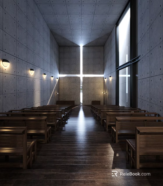 Serene Christian Church Interior Featuring Concrete Walls Wooden Benches Cross Natural Lighting And Wooden Floor 3d model 