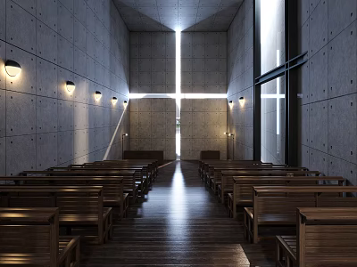 Serene Christian Church Interior Featuring Concrete Walls Wooden Benches Cross Natural Lighting And Wooden Floor 3d model
